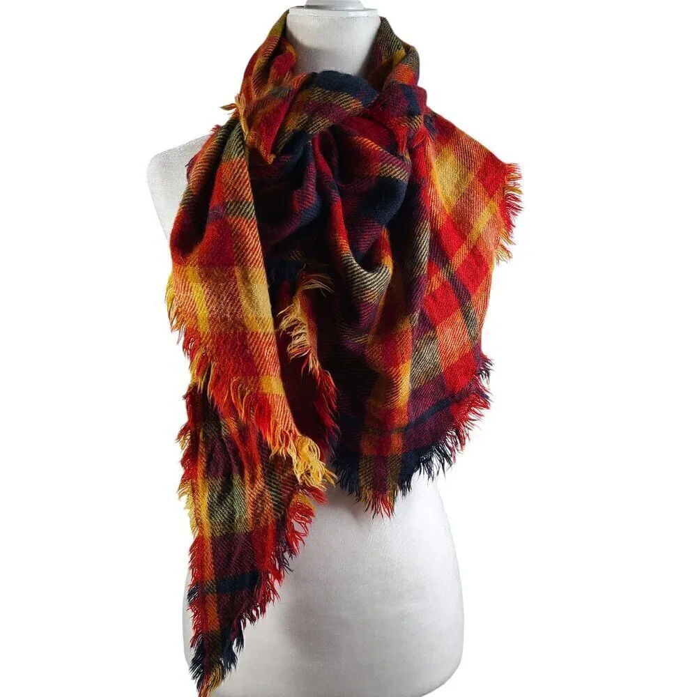 Women's Burnt Orange Red Navy Fringe Plaid Large Triangle Scarf Wrap